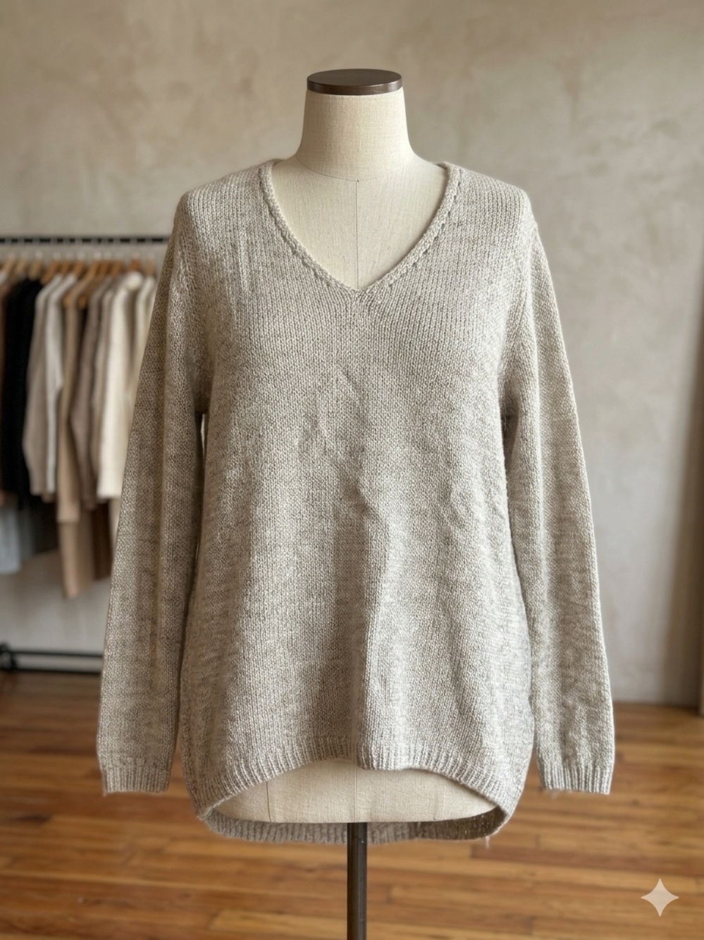 Kenar Woman Sz 2X Beige Knit High-Low V-Neck Sweater Open Knit Back Detail